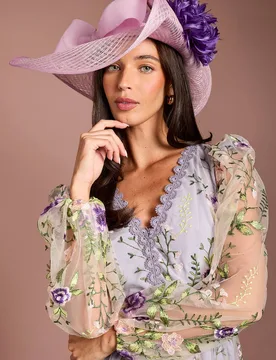 Women's Lisa Tan Bow & Flower Detail Wide Brim Hat in Lilac - Lilac - Size: One Size - Coast - FashionsVida