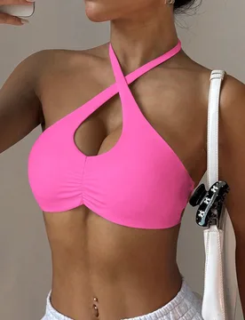 Sujetador deportivo para mujer con cuello halter fruncido al frente, tirantes cruzados desmontables y acolchados, adecuado para uso diario casual, ten - Shein - FashionsVida