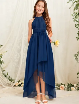 Vestido largo elegante de gasa plisado en la cintura con decoración floral 3D para niña preadolescente, con escote halter y bajo asimétrico, para n - Shein - FashionsVida