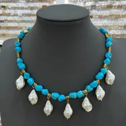 Vintage Irregular Blue Turquoise‑Simulated Necklace For Women, Baroque Pearl Pendant Choker Necklace, Luxury Fashion Party Jewel