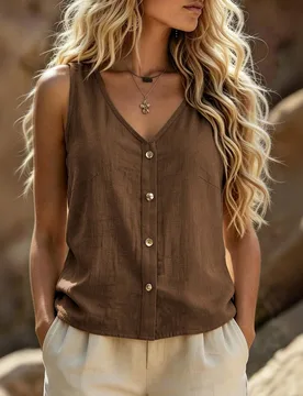 Camiseta sin mangas de cuello en V con textura de algodón y lino, diseño holgado de un solo botón, estilo artístico, prenda exterior casual para v - Shein - FashionsVida