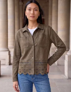 Faux Suede Cut Out Detail Shacket Khaki female - Roman - FashionsVida