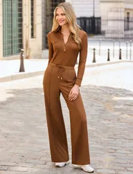 Drawstring Wide Leg Joggers Tan female