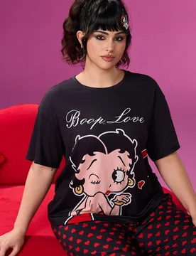 Conjunto de pijama con top de manga corta con gráfico de figura de dibujos animados y pantalones con estampado de corazón para tallas grandes 2XL - Shein - FashionsVida