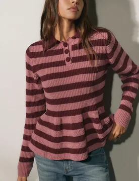 Suéter Polo de Punto a Rayas Rosa & Burdeos, con Cuello, Plaqueta de Botones, Bajo con Volantes. Casual Chic, Preppy, Universitario, Fin de Semana, O - Shein - FashionsVida