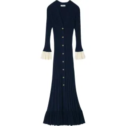 Vestido largo de punto con escote pico y volantes de contraste