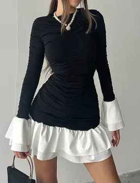 Pure Desire Style Color-Block Patchwork Ruffle Dress for Women Fashionable Elegant Round Neck Long Sleeve Gathered Waist Short D - Aliexpress - FashionsVida
