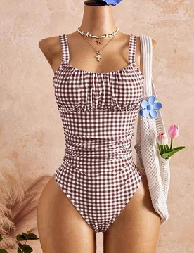 Traje de baño de una pieza a cuadros para mujer, adecuado para vacaciones en la playa, fiesta en la piscina, fiesta en la playa XL - Shein - FashionsVida
