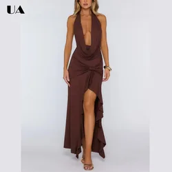 ULBYANRY Sexy Open-back Lace-up Prom Dress Trendy Draped Halter Sleeveless Homecoming Dress Customized Solid Ruffled Party Dress