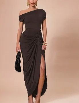 Vestido de punto elástico negro elegante para mujer, de estilo drapeado con detalle fruncido y bajo asimétrico, adecuado para fiestas, citas románt - Shein - FashionsVida