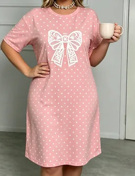 Camisón casual de mujer talla grande con estampado de lunares y decoración de lazo, estilo camiseta de manga corta y cuello redondo, pijama de punto - Shein - FashionsVida