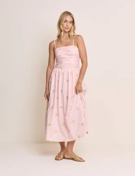 Pure Cotton Embroidered Midi Waisted Dress Pink female - Nobody's Child X Elizabeth Scarlett - FashionsVida
