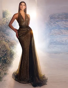 Customized Modest Halter Sequin Dresses for Women Illusion Tulle Mermaid Evening Dress Pleated Overskirt vestidos de gala - Aliexpress - FashionsVida