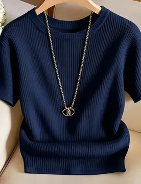 Camiseta de punto elegante de cuello redondo, camiseta de punto de moda minimalista, nuevo estilo de verano XXL - Shein - FashionsVida