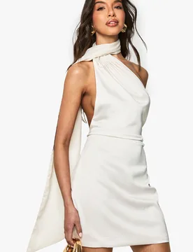 Womens Premium Satin Scarf Detail Mini Dress - Cream - Size 14 Uk - Boohoo - FashionsVida