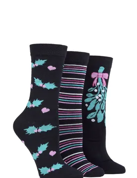 Women's 3 Pair SOCKSHOP Christmas Bamboo Socks Black Holly 4-8 Ladies - Black - Size: Small - Lazy Panda - FashionsVida