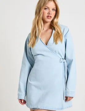Womens Petite Wrap Front Denim Dress - Blue Cotton - Size 10 Uk - Boohoo - FashionsVida