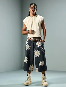 Pantalones cortos de mezclilla con estampado de manzanilla para hombres L - Shein - FashionsVida