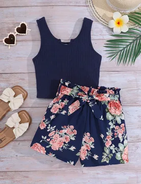 Conjunto de camisa de punto para niña preadolescente y pantalones cortos casuales tejidos con estampado floral para primavera/verano, ropa casual 8Y - Shein - FashionsVida