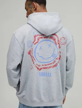 Herren Übergroßer Nirvana Smiley-Print Lizenz-Kapuzenpullover Grey Marl Größe XL - boohooMAN - FashionsVida