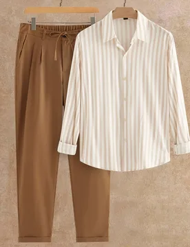 Pcs/Set Conjunto de Camisa y Pantalones Casuales con Rayas Verticales y Bajo Curvo para Hombres, Conjunto de 2 Piezas, Camisa y Pantalones a Rayas, Ro - Shein - FashionsVida