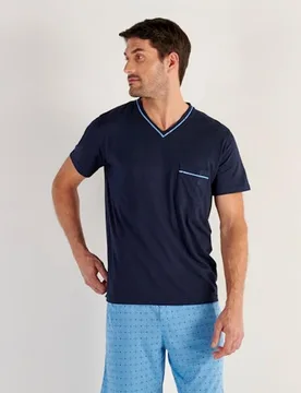 Pijama de punto corto de cuello pico de algodón y modal de bre - HOM - FashionsVida