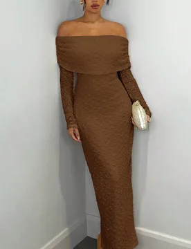 Vestido de manga larga ajustado de punto texturizado con hombros abiertos en color albaricoque, apropiado para citas románticas y vacaciones S - Shein - FashionsVida