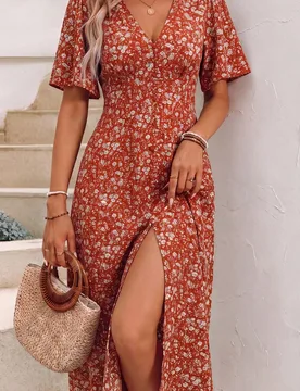 Vestido elegante y grácil de mujer con cuello en V, manga corta, estampado total, abertura y largo midi/maxi S - Shein - FashionsVida