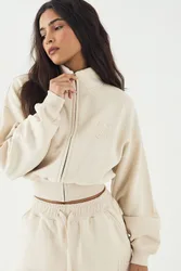 Womens Self Fabric Applique Zip Through Funnel Neck Sweatshirt - Beige Cotton - Size 2xl