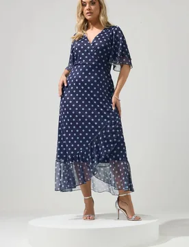 Women's Polka Dot Wrap Dress in Dark Blue Size: 10 - Dark Blue - Size: 10 - Yours - FashionsVida
