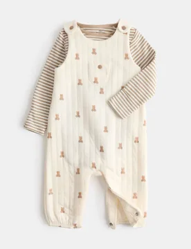 Piece Cotton Rich Teddy Dungaree Outfit (7lbs - 1 yrs) Light Cream unisex - M&S - FashionsVida