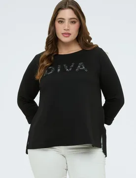 Sudadera de mujer con lettering en tejido revestido y bajo plisado mangas de tres cuartos y ajuste cómodo - Fiorella Rubino - FashionsVida