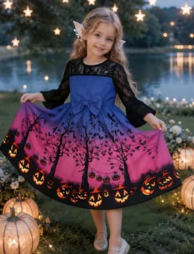 Vestido de princesa con estampado degradado de calabaza, fantasma, esqueleto y telaraña, manga larga de encaje, corte A, para niñas, nuevo para Hall - Shein - FashionsVida