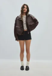 Oversize-Kunstlederjacke Braun M