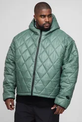 Herren Plus Oversized Boxy Hochglanz Gesteppte Kapuzen-Stehkragen Pufferjacke Khaki Größe 4XL