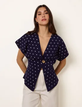 Polka Dot Short-Sleeve Knit Cardigan Top - M/L / NAVY - female - Blue Vanilla - FashionsVida