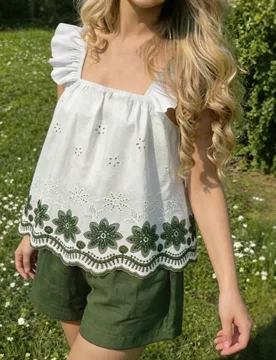 Conjunto informal de niña preadolescente con blusa de cuello cuadrado con bordado floral y mangas cortas, y shorts 8Y - Shein - FashionsVida