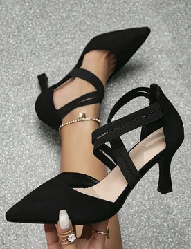 Elegantes tacones negros para mujer, minimalistas tacones de punta con correa de tobillo de ante sintético, elegantes EUR35 - Shein - FashionsVida