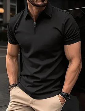 Men's stylish half-zip collar polo shirt, black slim fit short-sleeved top, business casual and versatile, available in 8 colors - Aliexpress - FashionsVida