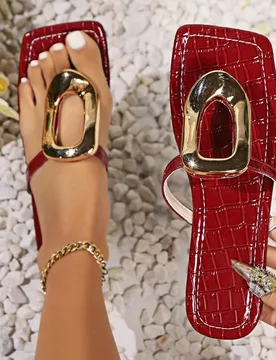 Zapatillas planas de primavera/verano para mujer de moda, hebilla dorada simple, elegantes sandalias planas, deslizador rojo, zapatillas con puntera p - Shein - FashionsVida