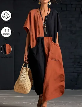 Vestido de mujer con bloques de color óxido, manga corta, casual para vacaciones de verano M - Shein - FashionsVida