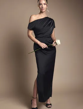 Women's Satin Ruched Detail Off-The Shoulder Maxi Bridesmaid Dress in Black Size: 16 - Black - Size: 16 - Coast - FashionsVida