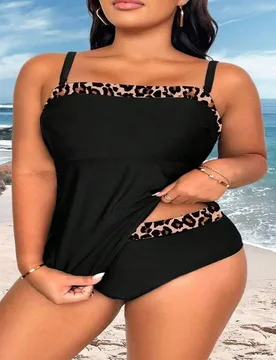 Traje de baño tankini de verano para mujer talla grande con tirantes finos, patchwork de leopardo y color de contraste 2XL - Shein - FashionsVida