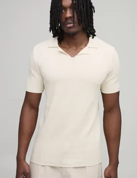 Herren Großgrößen Regular-Fit Geripptes Strick-Poloshirt Aus Baumwollmischung Ecru Größe Small - boohooMAN - FashionsVida