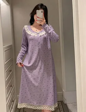 Camisón largo con ribete de encaje floral dulce para mujer, pijama XL - Shein - FashionsVida