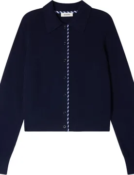 Cárdigan de punto de mujer corto de lana y cachemira con cuello polo a rayas - sandro - FashionsVida