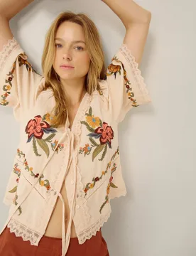 Floral Embroidered Tie Front V-Neck Blouse Cream Mix female - Monsoon - FashionsVida