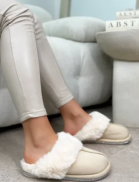 Women's Crystal Trim Soft Cosy Faux Fur Lined Slippers in Nude Size: 5 - Nude - Size: 5 - Love Lemonade - FashionsVida