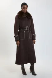Womens Faux Fur Collar Textured Belted Midi Coat - Brown
