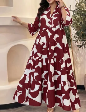 Vestido de Talla Grande Casual Elegante Tradicional para Desplazamiento Brunch Oficina Noche Formal Cumpleaños Estampado Completo Color Burdeos Otoñ - Shein - FashionsVida